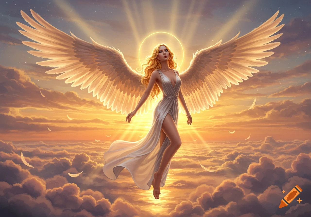 A beautiful blonde angel woman with large wings hovers in a glowing sunset sky above clouds, digital painting.