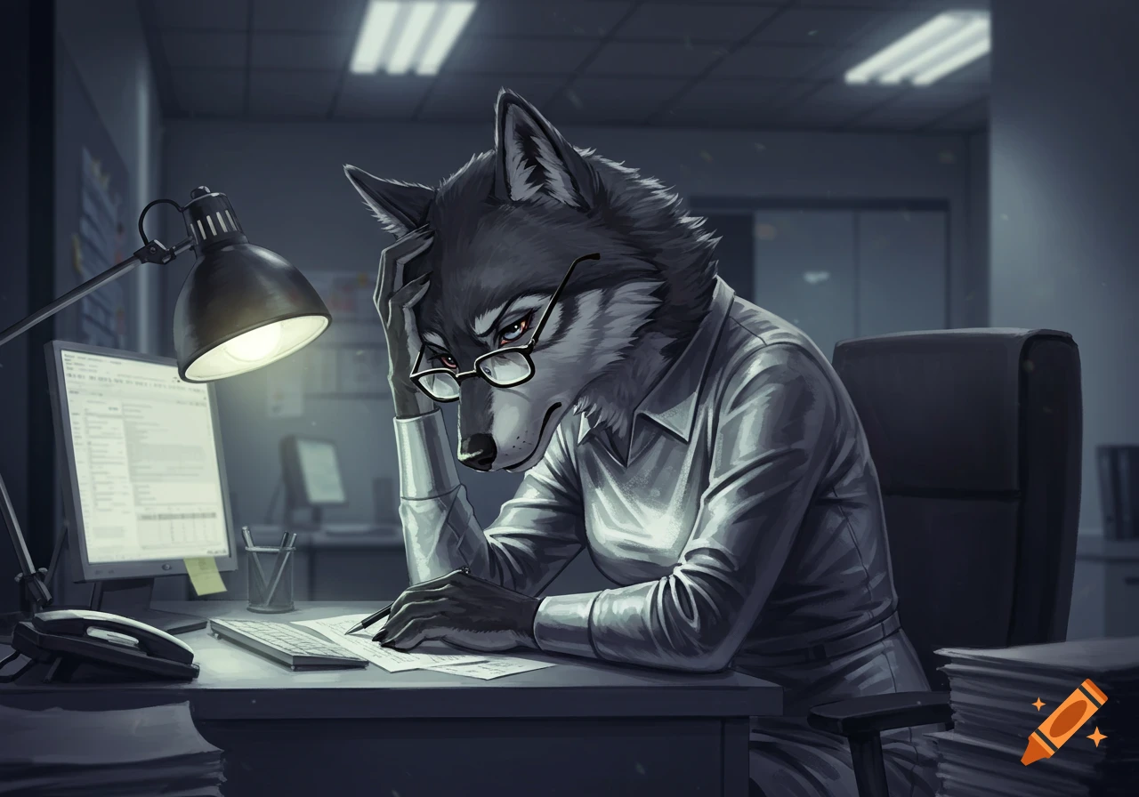 An anthropomorphic wolf with black fur and glasses, looking frustrated while working at a desk in an office, illustration.