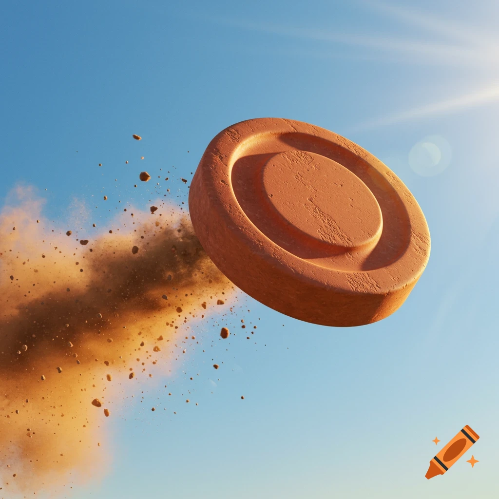 A reddish-brown clay target exploding into dust and fragments against a clear blue sky with a bright sun flare.