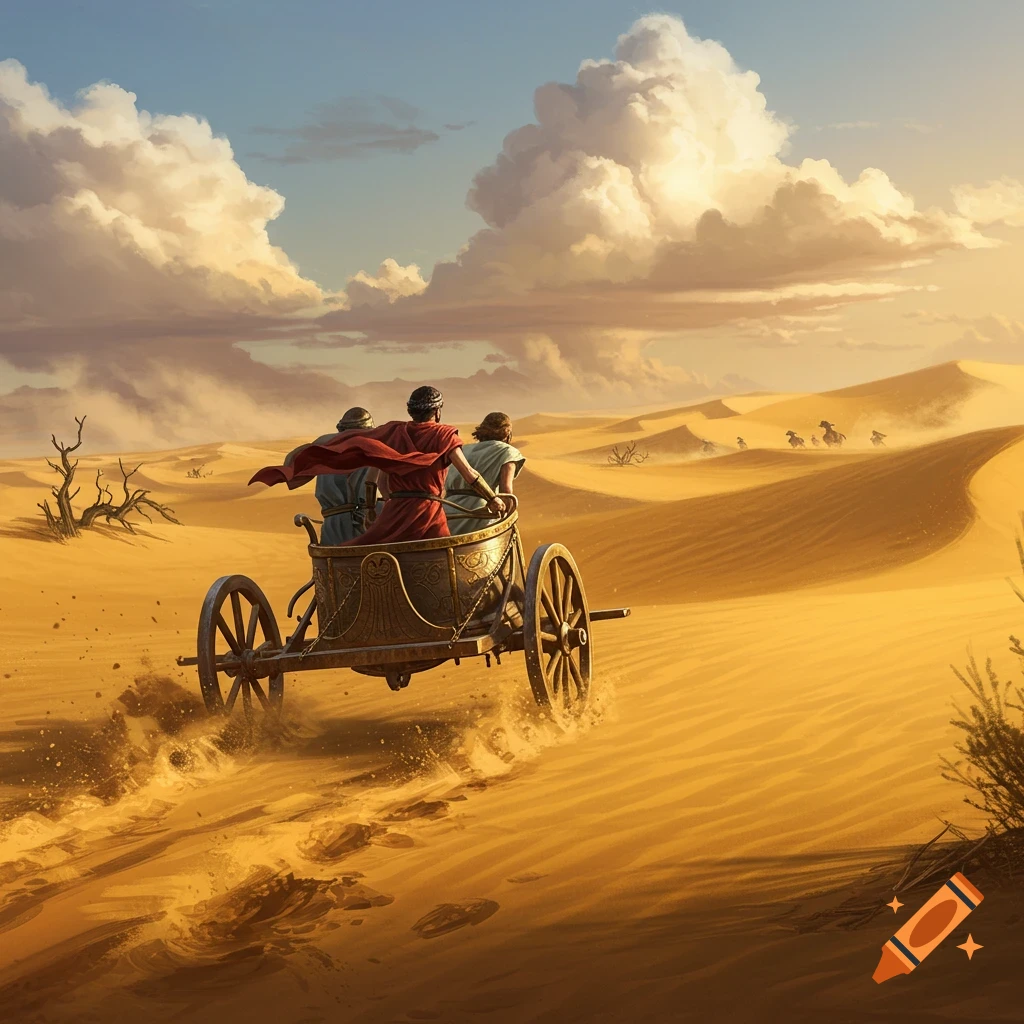 Three people in a chariot speed through a vast, golden desert, fleeing distant pursuers under a dramatic sky. Digital painting.