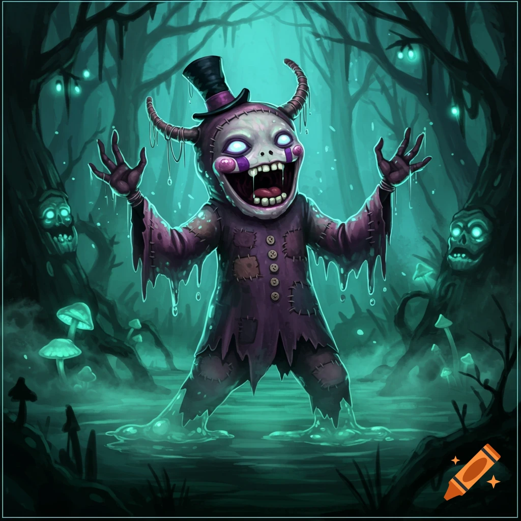 A stylized purple stitched monster in a top hat, with glowing eyes and horns, stands in a misty, teal swamp with eerie trees.