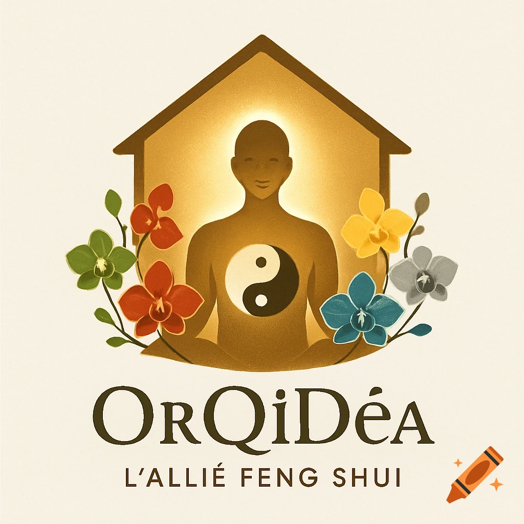 Logo illustration for OrQiDéa L'allié Feng Shui, featuring a meditating figure in a house with a yin-yang symbol and colorful orchids.