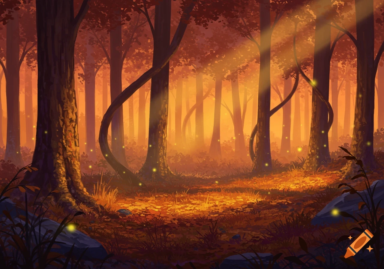 Stylized illustration of an autumn forest at dusk, with golden light rays and glowing fireflies.