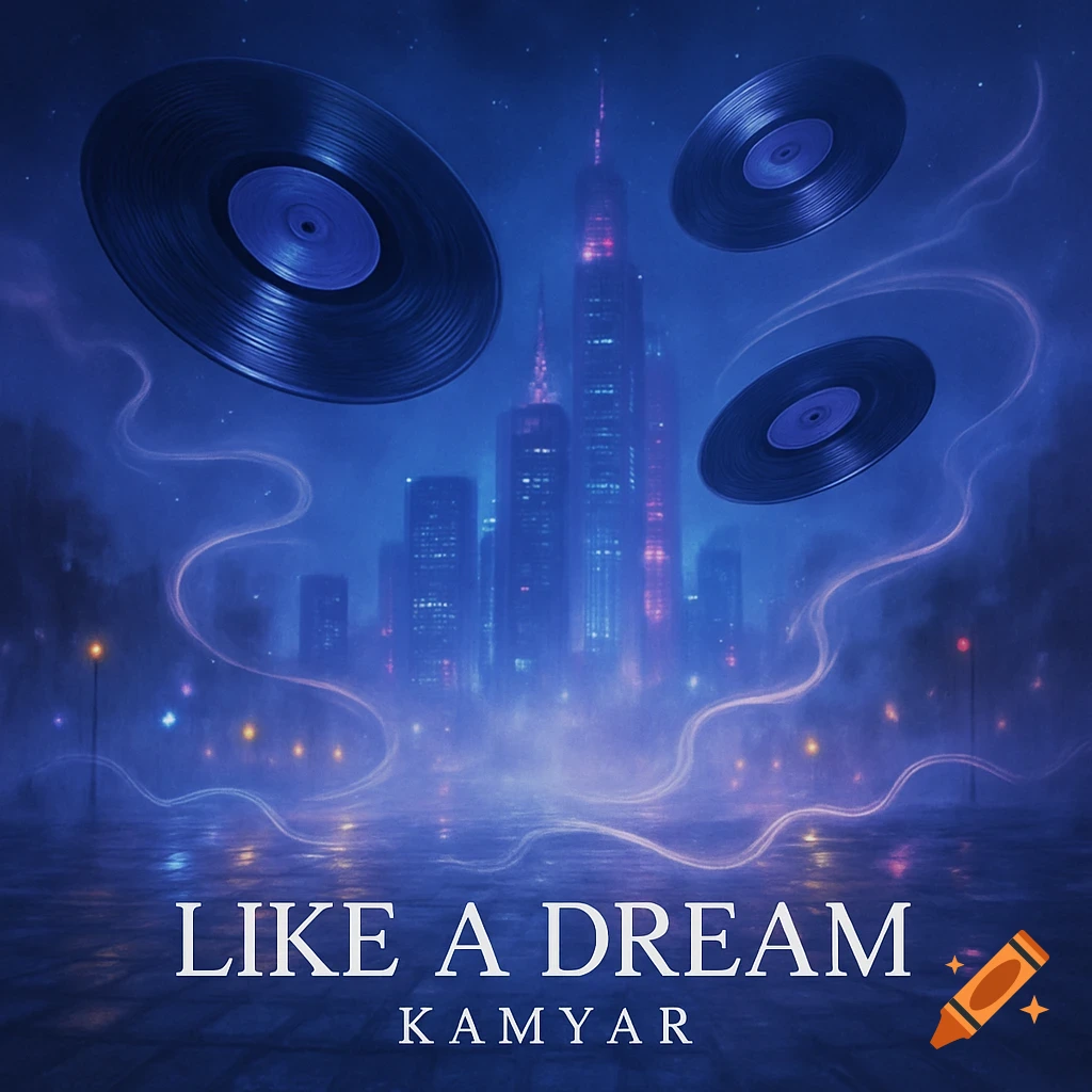 A neon blue futuristic city at night with floating vinyl records, text 'Like a Dream Kamyar' at the bottom.