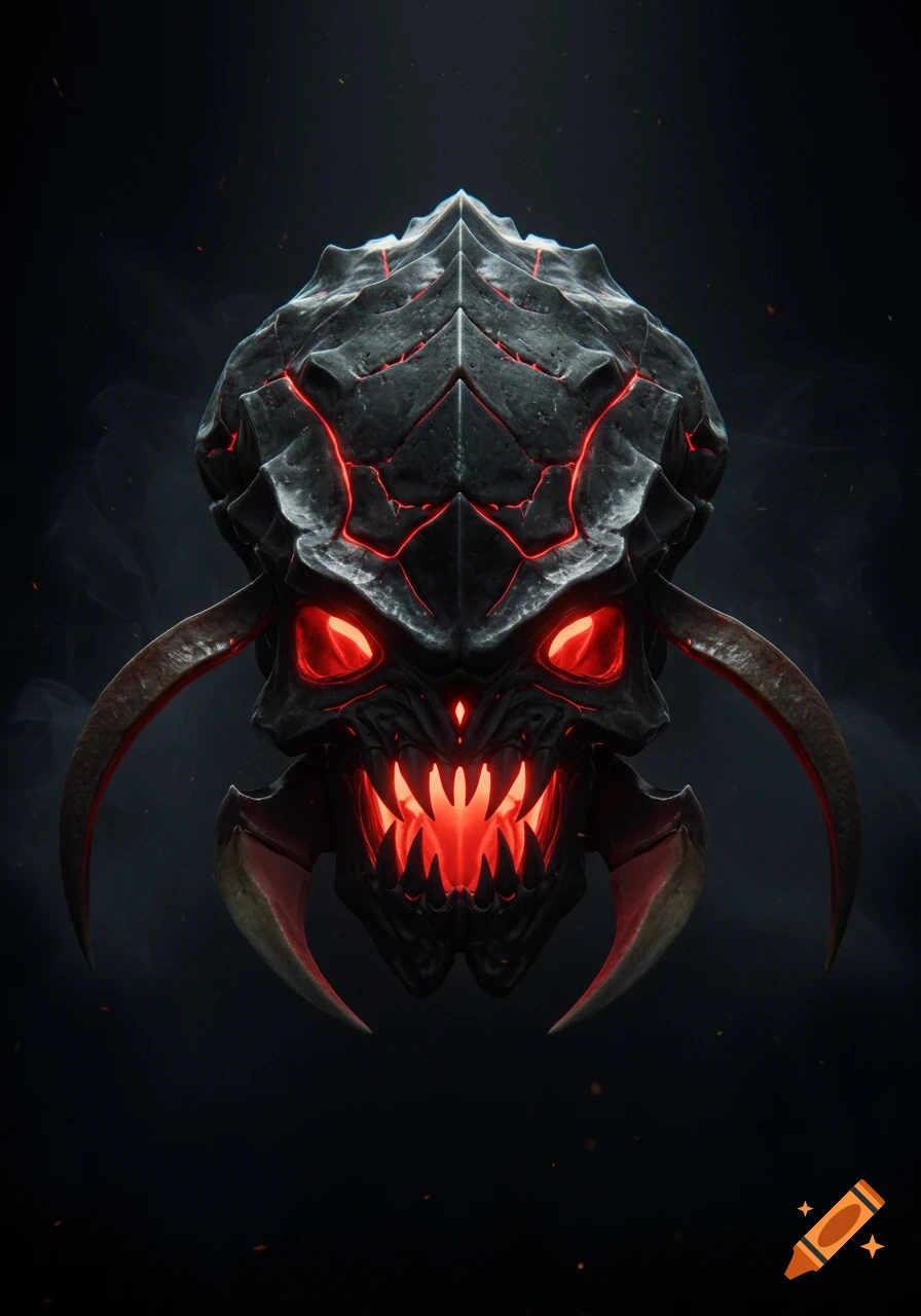A menacing, dark armored skull with glowing red eyes, sharp teeth, and curved horns against a dark background.