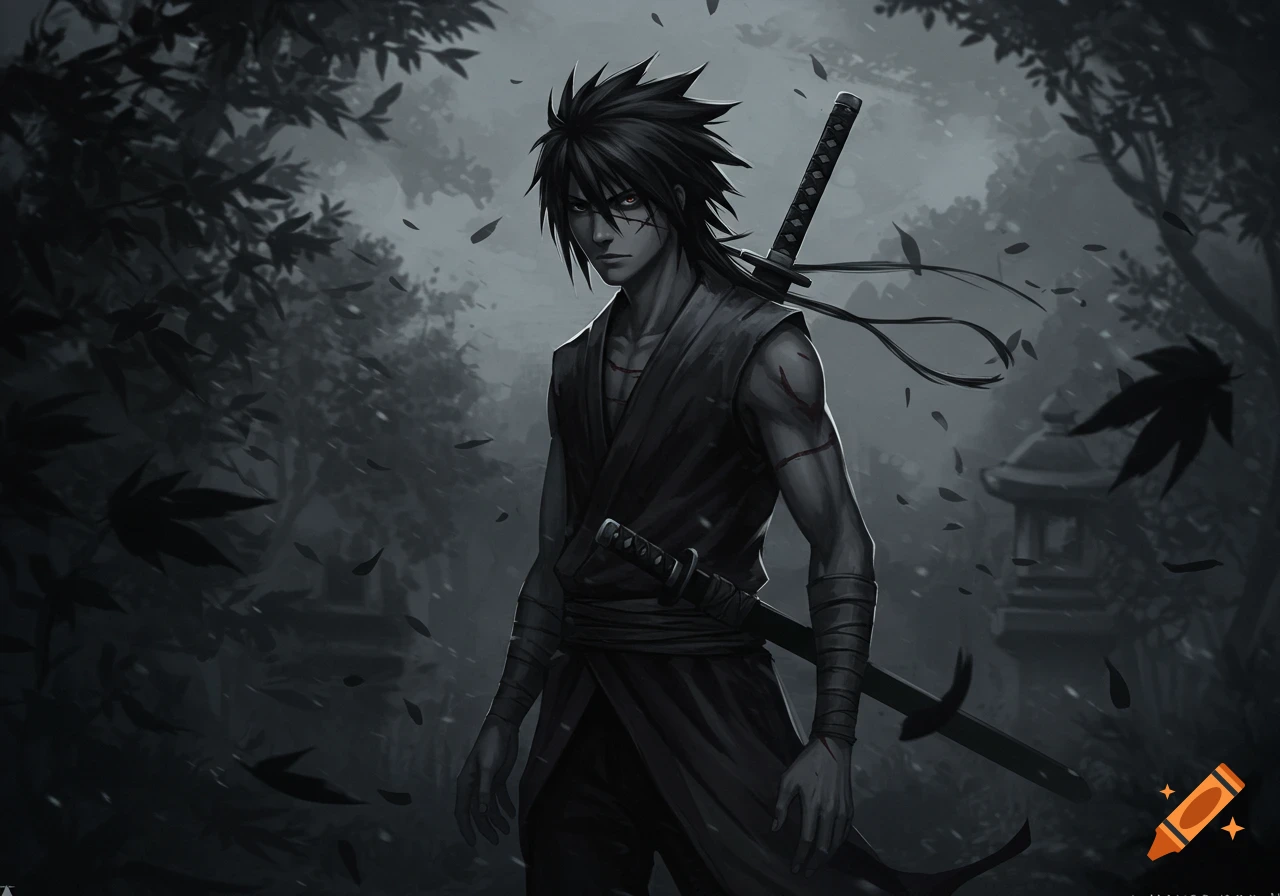 Anime samurai character with black spiky hair, a scar over his eye, and a katana on his back, standing in a dark, misty forest.