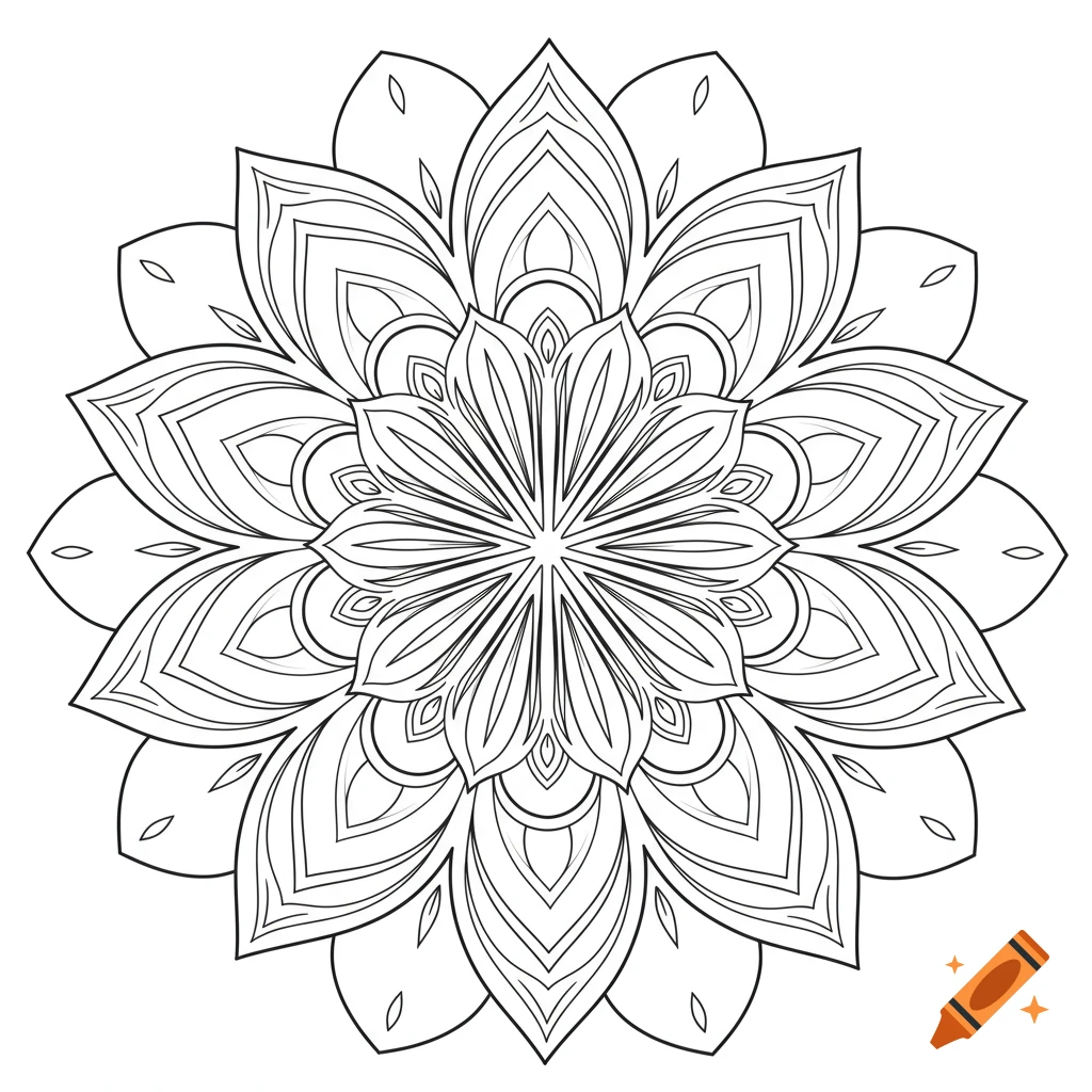 Black and white line art mandala with intricate floral patterns, suitable for a coloring book.