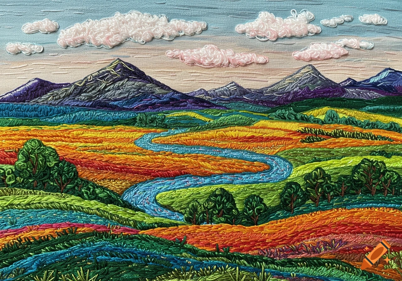 Colorful embroidered landscape with mountains, a winding blue river, and vibrant fields under a cloudy sky.