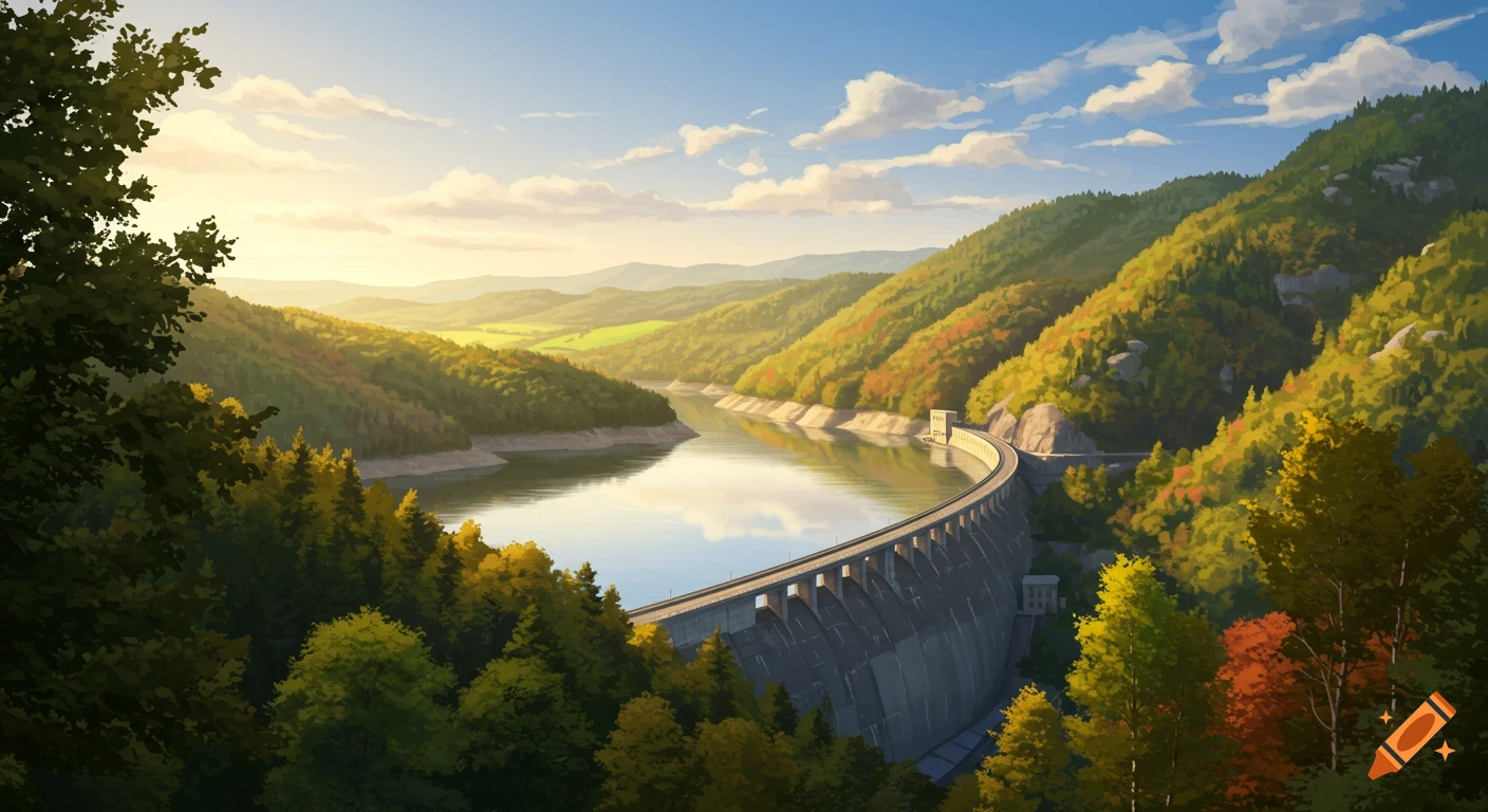 Anime landscape of a large dam across a river, surrounded by forested hills under a bright, cloudy sky.