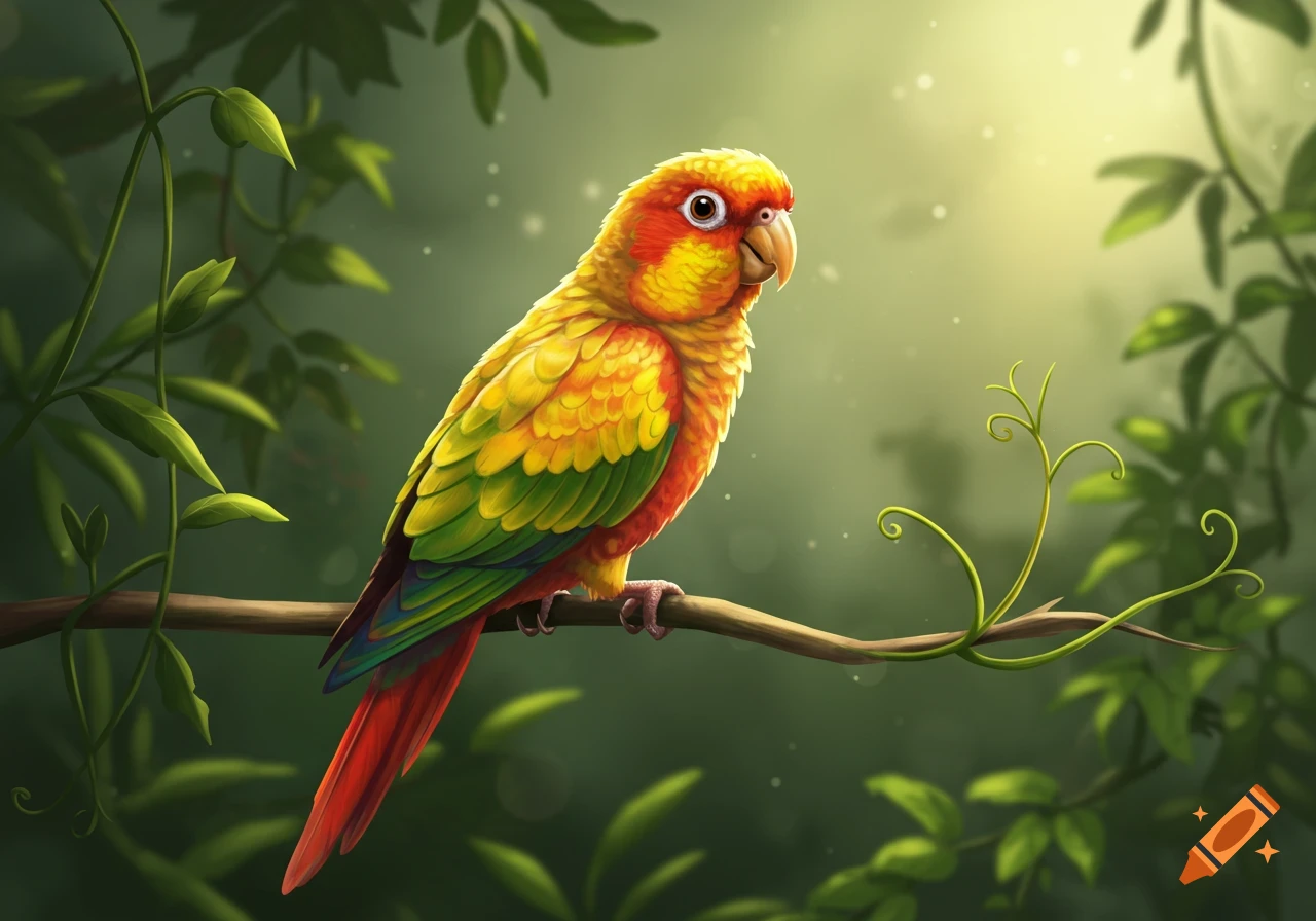 A vibrant, colorful pineapple conure parrot perches on a branch in a lush, stylized jungle with dappled sunlight.