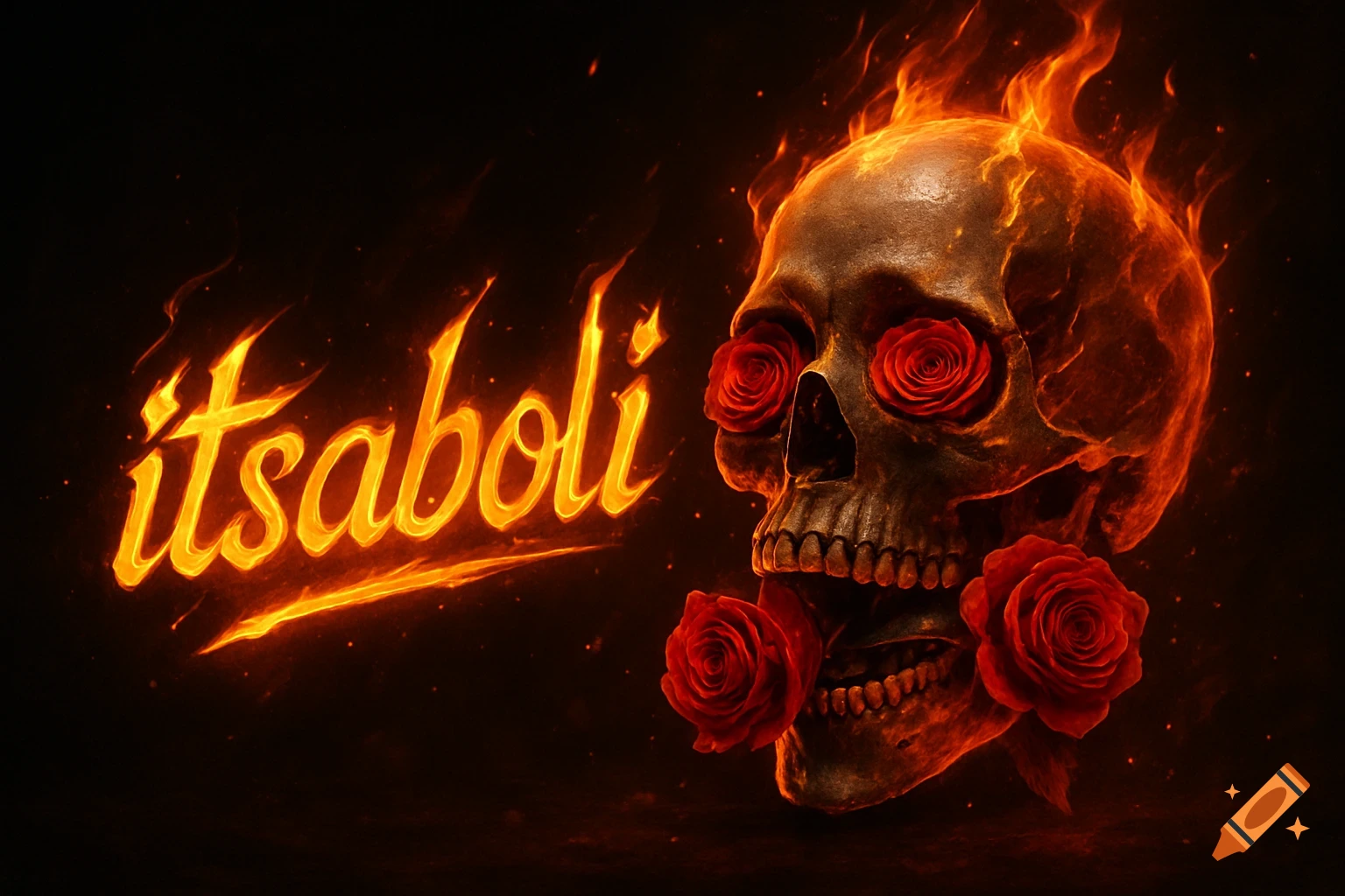 A flaming skull with red roses in its eyes and mouth, next to fiery text that spells 'itsaboli' on a dark background.