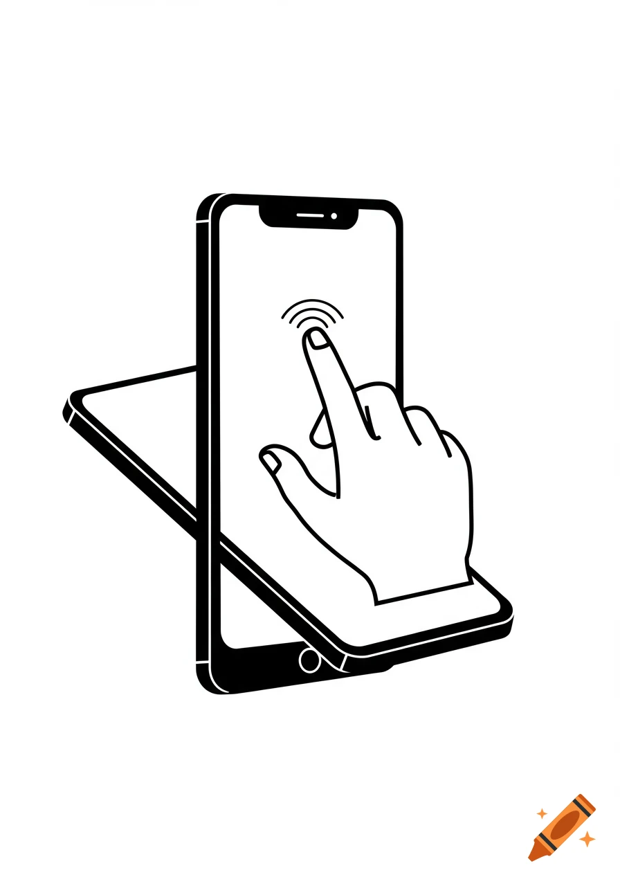Minimalist black and white vector illustration of a hand reaching through and touching a smartphone screen.