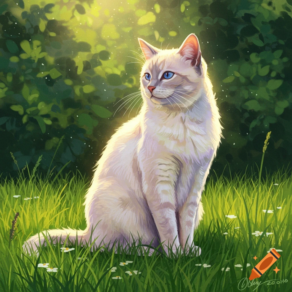 An elegant cream-colored cat with blue eyes sits in lush green grass, bathed in sunlight, in an illustrative style.