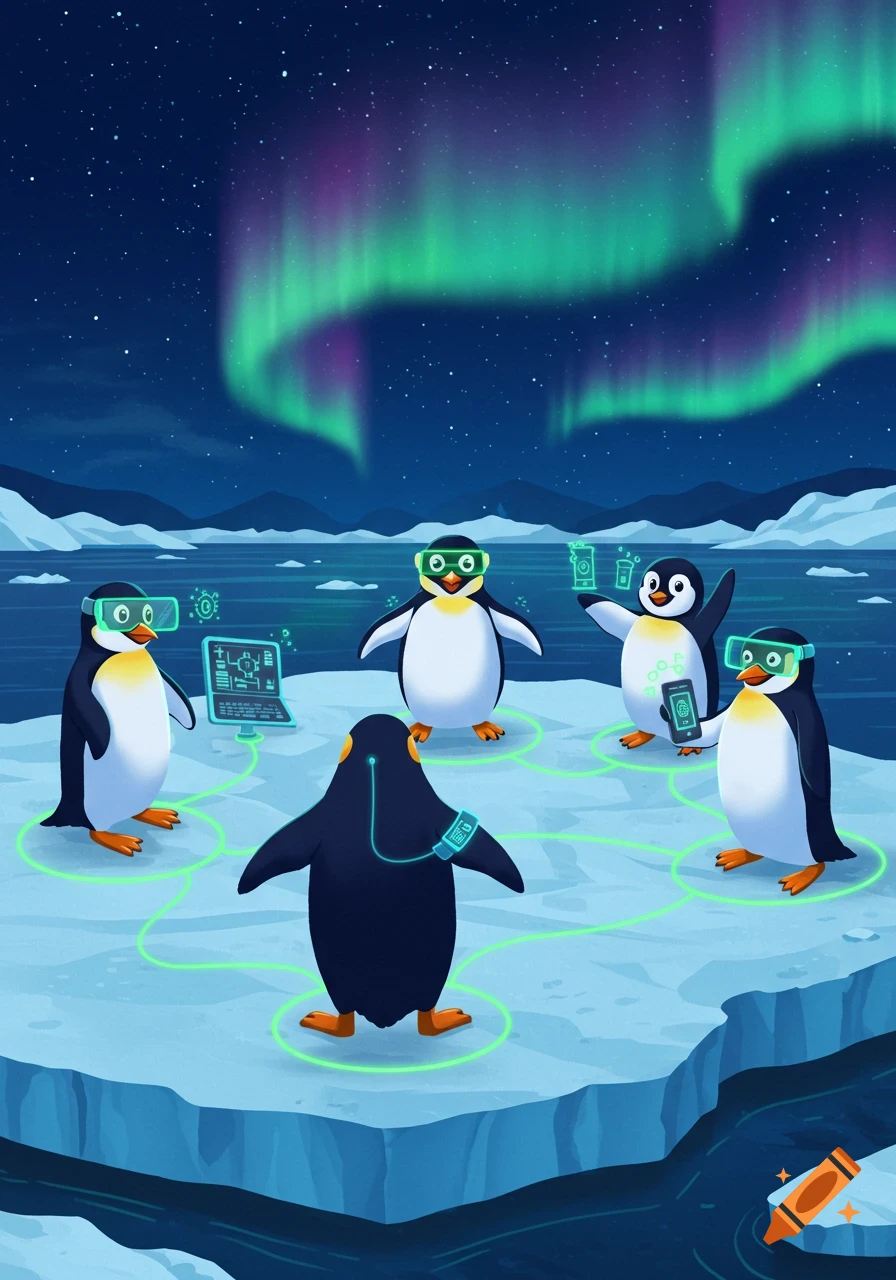 Five cartoon penguins wearing VR headsets and connected by a glowing network on an ice floe under the Northern Lights.