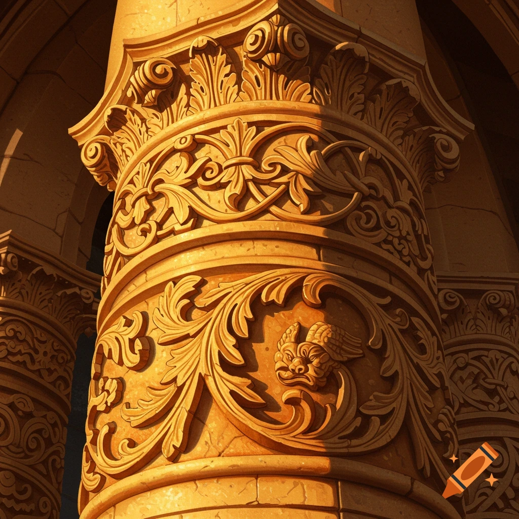 Close-up of an ornate stone column with intricate carvings, including foliate patterns and a grotesque face, bathed in warm light.