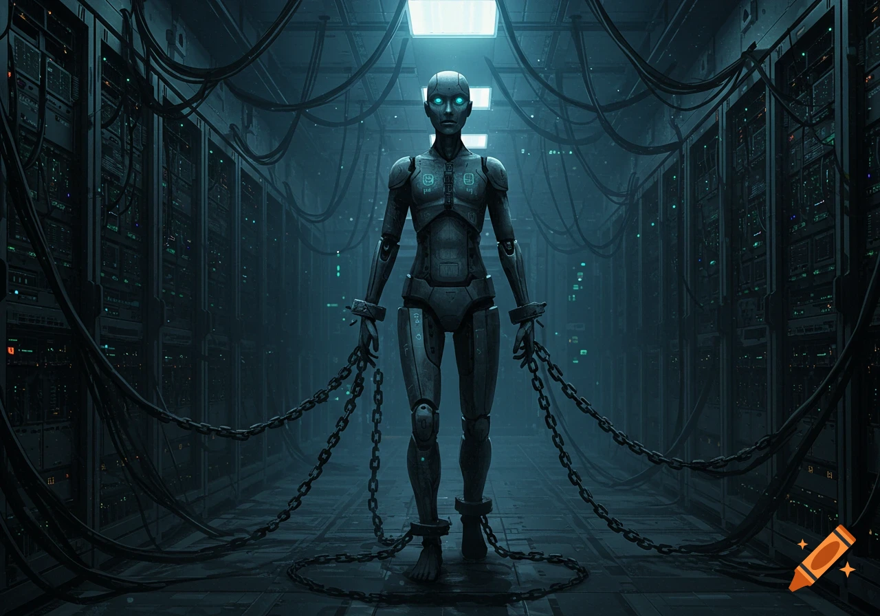 A chained humanoid robot with glowing eyes stands in a dark, futuristic server room filled with glowing screens and wires.