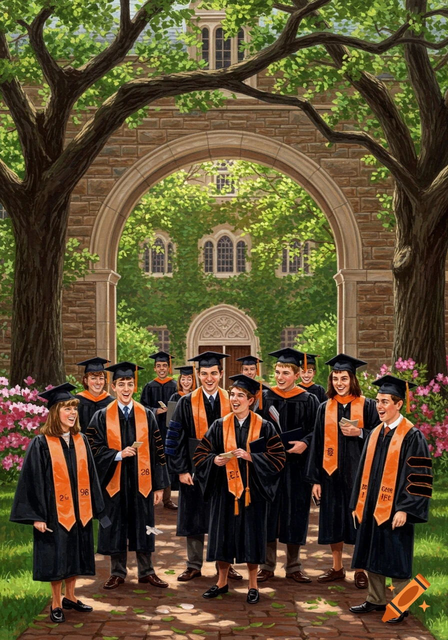 A painted illustration of a group of young graduates in black robes with orange sashes standing in front of an ivy-covered stone university building.