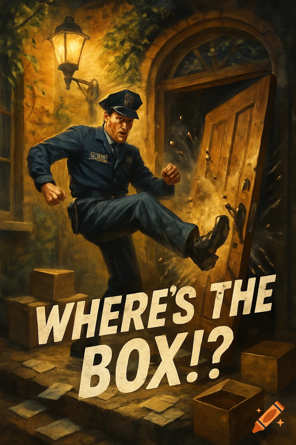A determined postal police officer dramatically kicks down a wooden door at night, surrounded by packages, in a painterly style. Text: WHERE'S THE BOX!?