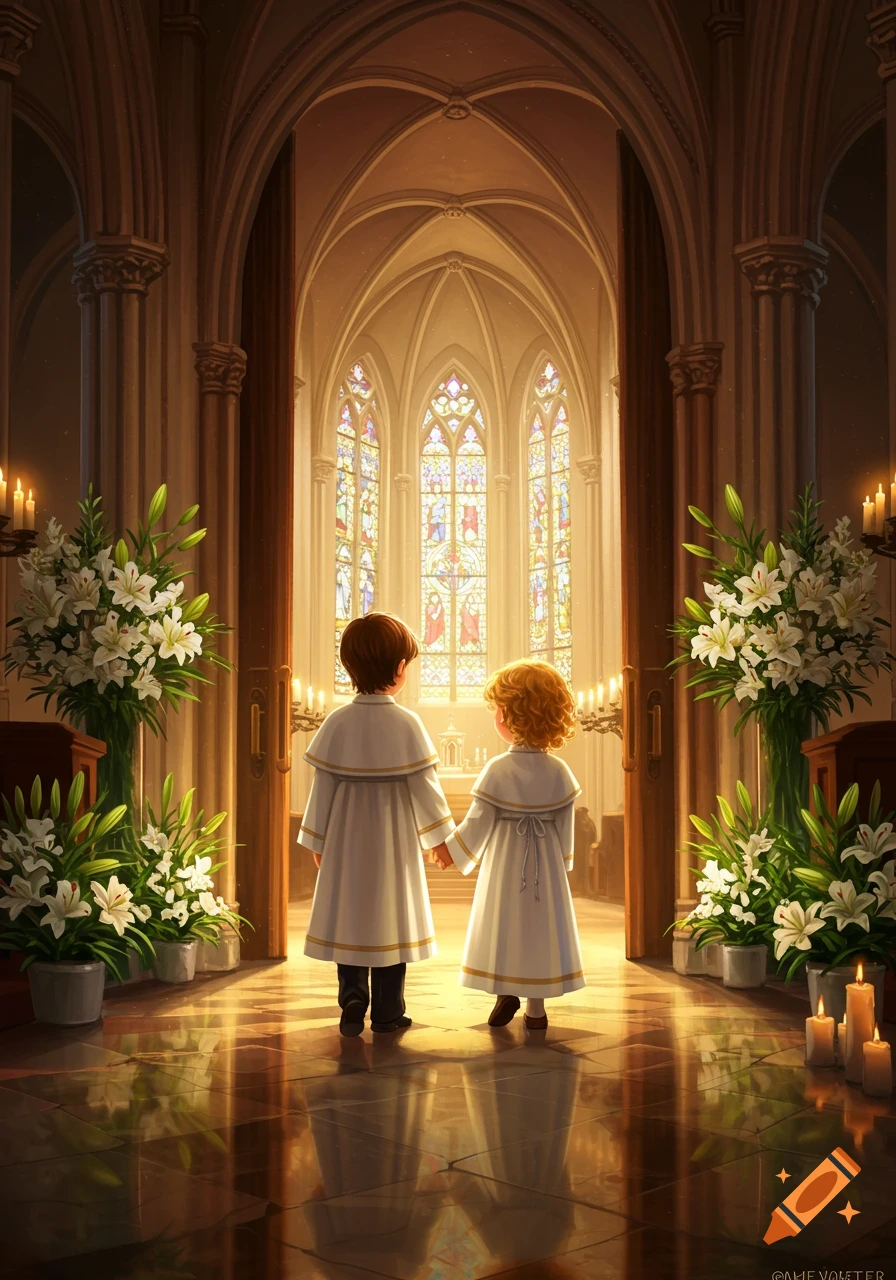 Two children in white robes holding hands, gazing at brightly lit stained glass windows in a grand church with lilies and candles.