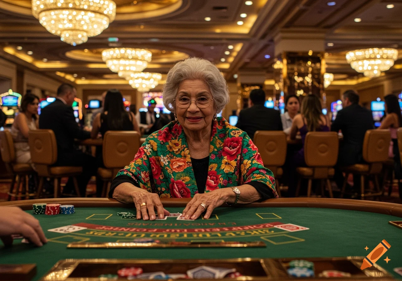 An elderly woman with gray hair and glasses smiles while playing blackjack at a green table in a lively casino.