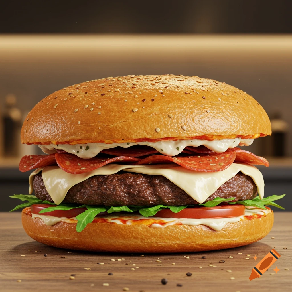 Photorealistic close-up of a gourmet burger with cheese, pepperoni, lettuce, tomato, and sauce on a sesame bun on a wooden table.