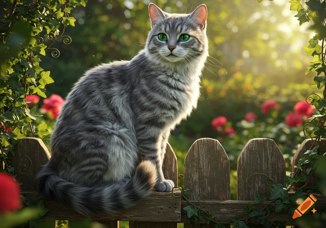 Photorealistic gray tabby cat with green eyes sitting on a wooden fence in a sunny garden with green vines and red flowers.