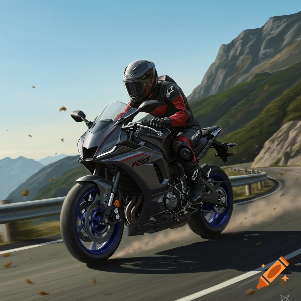 A motorcyclist in a black and red suit rides a dark sportbike with blue wheels on a winding mountain road.