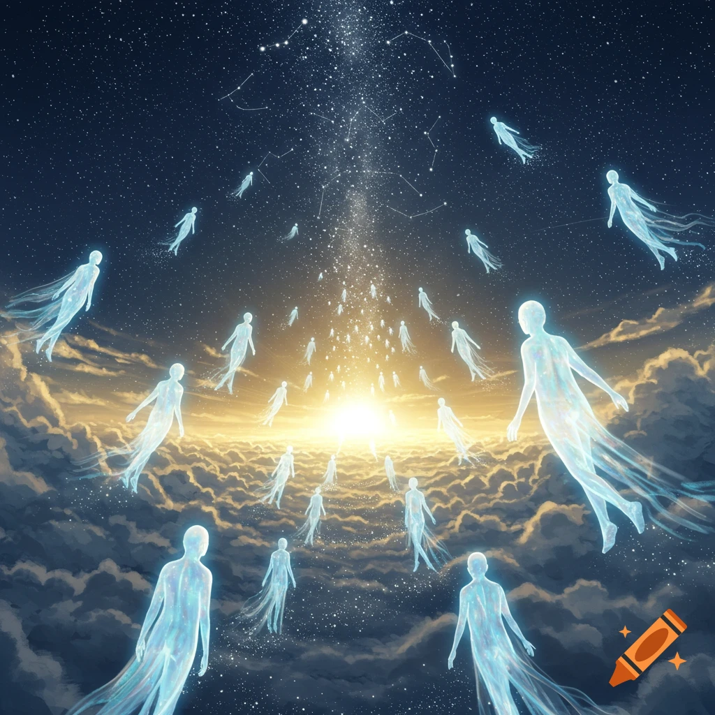 Translucent glowing figures float upwards through clouds towards a bright light in a starry sky.