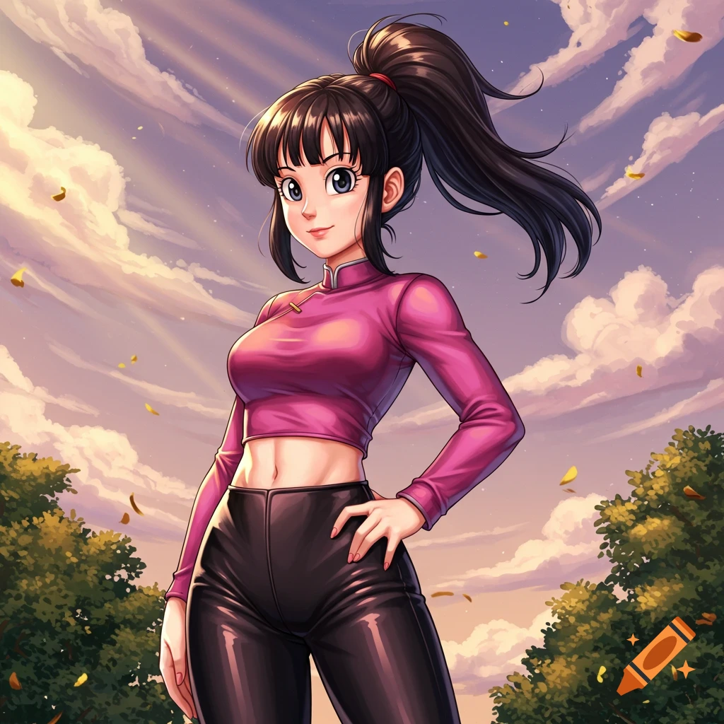 Anime character Chichi in a pink crop top and black pants, with a ponytail, standing outdoors against a cloudy sky.