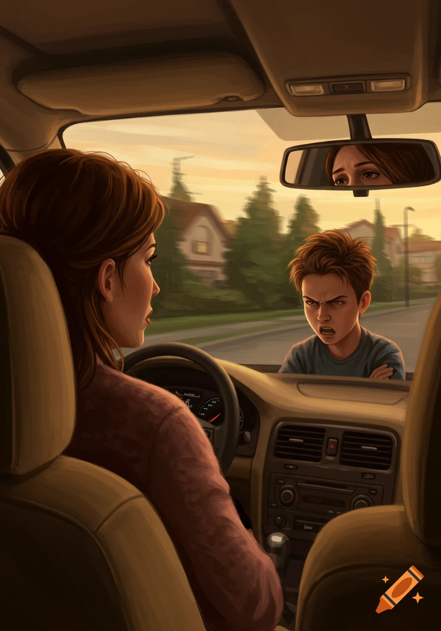 A woman driving a car, viewed from behind, looks towards a very angry boy in the passenger seat. Her worried eyes are visible in the rearview mirror.