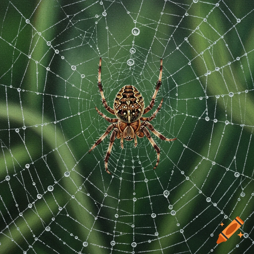 A hand-drawn, realistic spider with brown and black markings sits on a dew-covered web against a blurred green background.