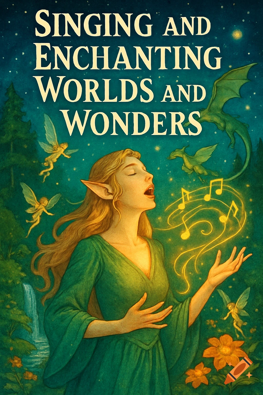An elf-like woman in a green dress sings in an enchanted forest with fairies, dragons, and glowing musical notes. Stylized illustration.