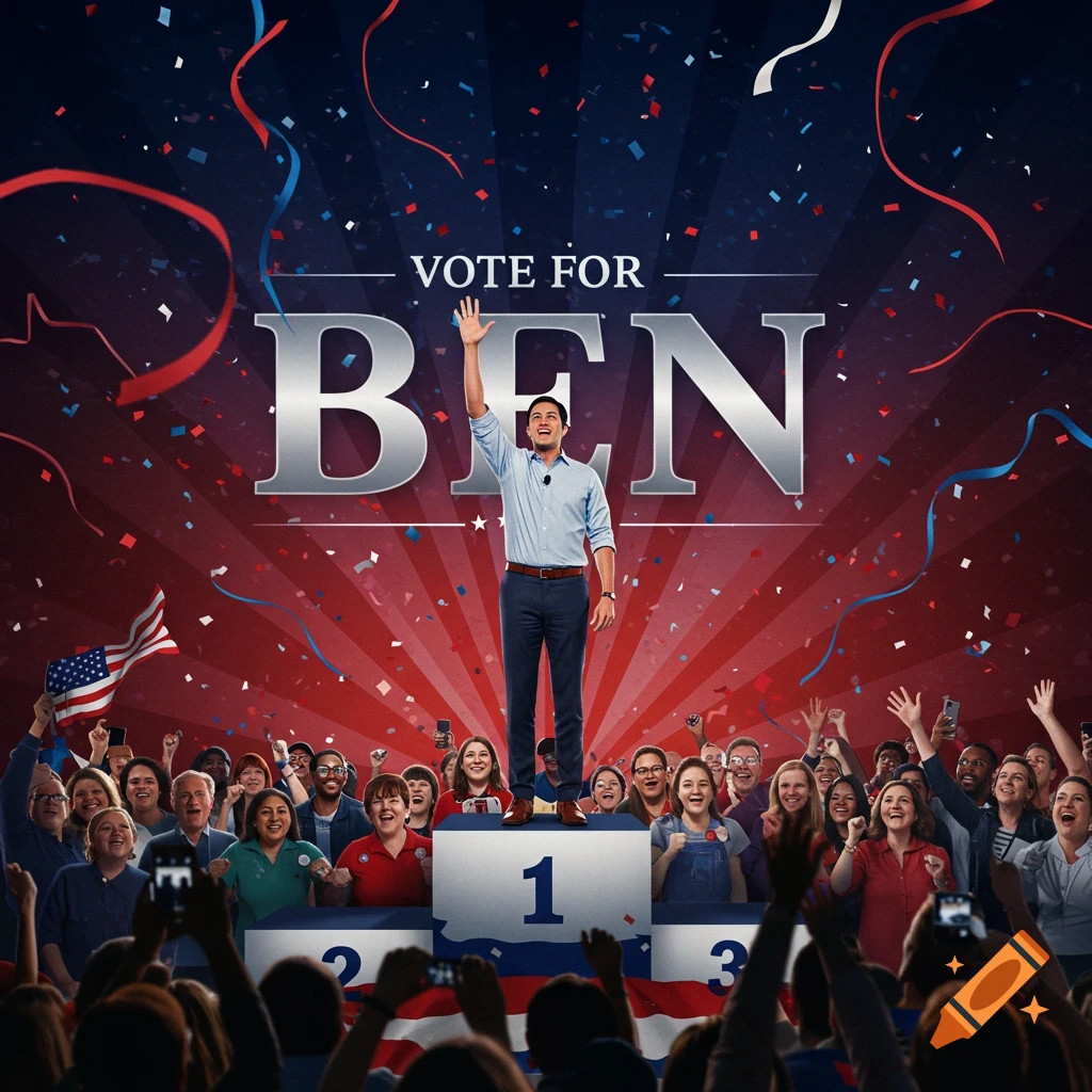 A man named Ben waves from a podium to a cheering crowd at a political rally, with confetti falling and a 'VOTE FOR BEN' sign above.