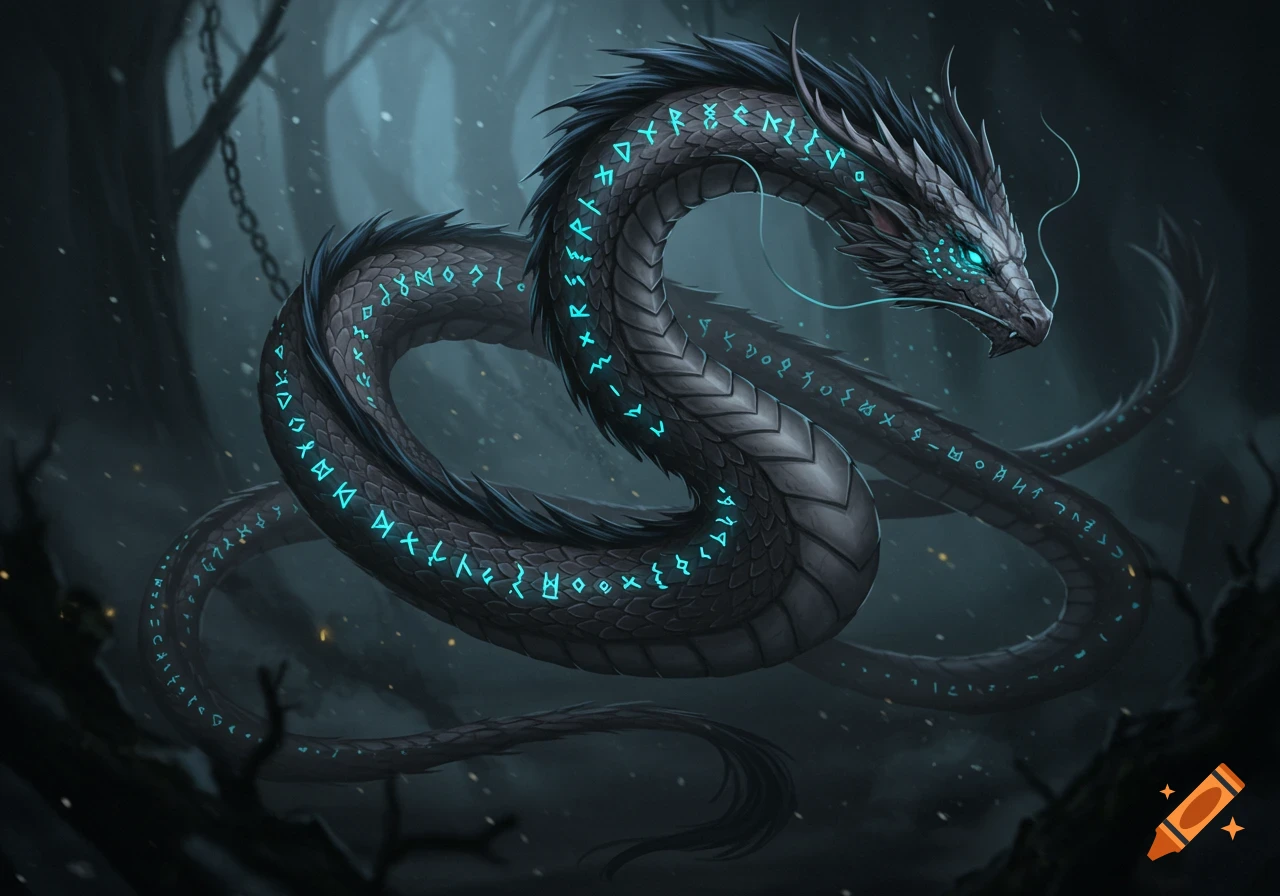 A dark, serpentine dragon with glowing blue eyes and illuminated runes along its body coils in a shadowy, mysterious forest.