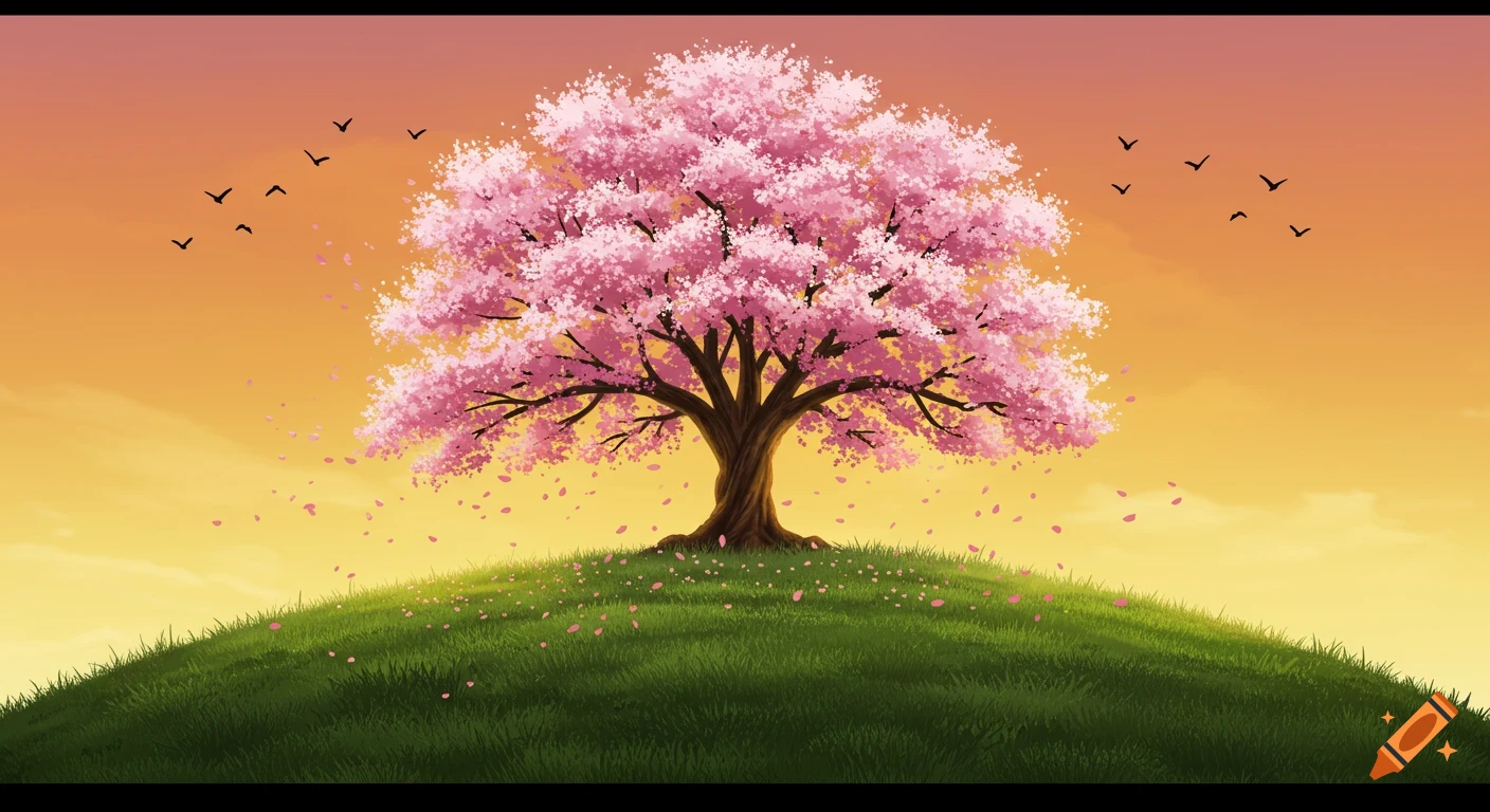 An illustration of a vibrant pink cherry blossom tree on a green hill with falling petals, silhouetted birds fly in an orange sunset sky.
