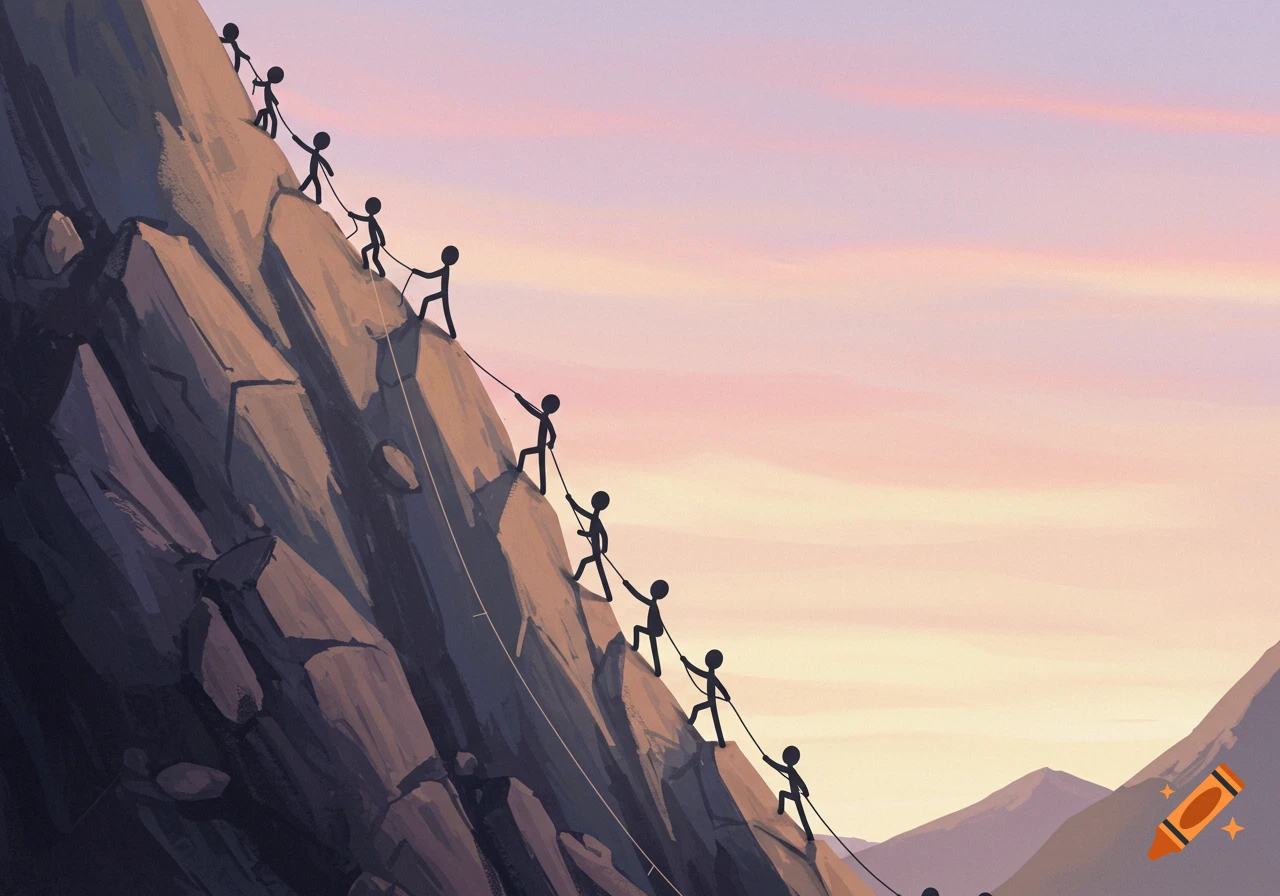 Illustration of black stick figures roped together, climbing a steep, rocky mountain under a pastel sunset sky.