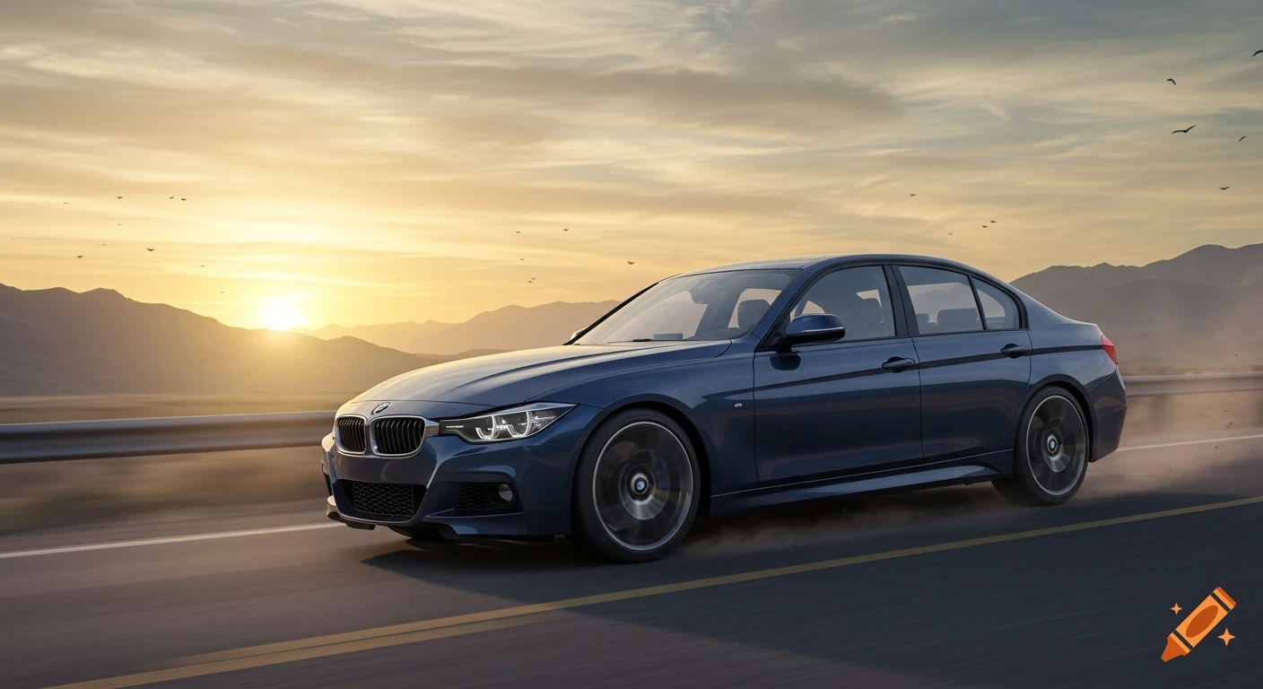 A photorealistic blue BMW sedan drives on a highway at sunset with mountains in the background.