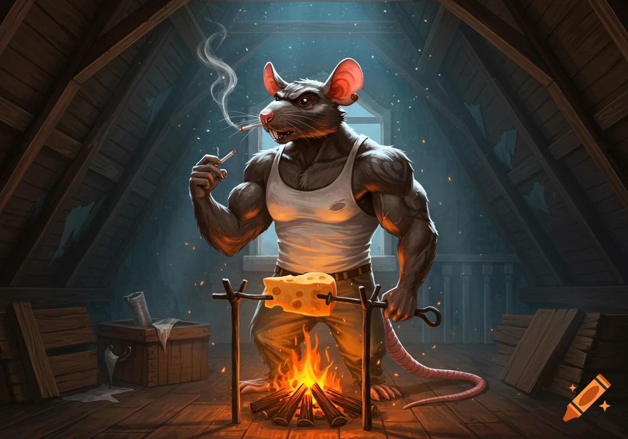 A muscular, angry anthropomorphic rat with tattoos and a white tank top smokes a cigarette while cooking cheese over a bonfire in a dark attic.