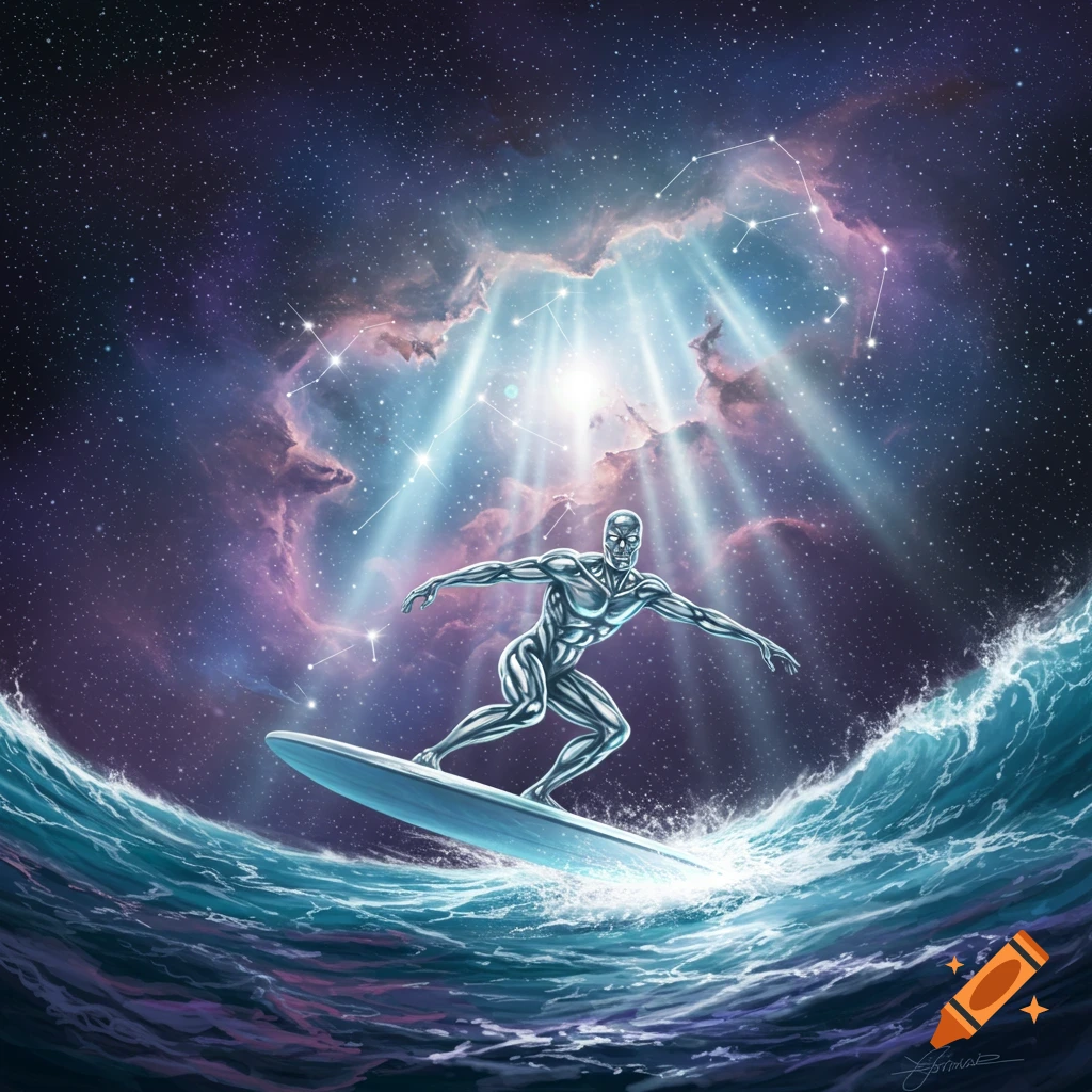 Silver Surfer surfs on a surfboard over blue ocean waves, with a vibrant purple and blue cosmic nebula and constellations in the background, light shining down.