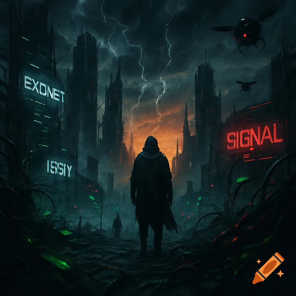 A hooded figure stands in a dark, devastated futuristic city with neon signs, drones, and lightning in the stormy sky.