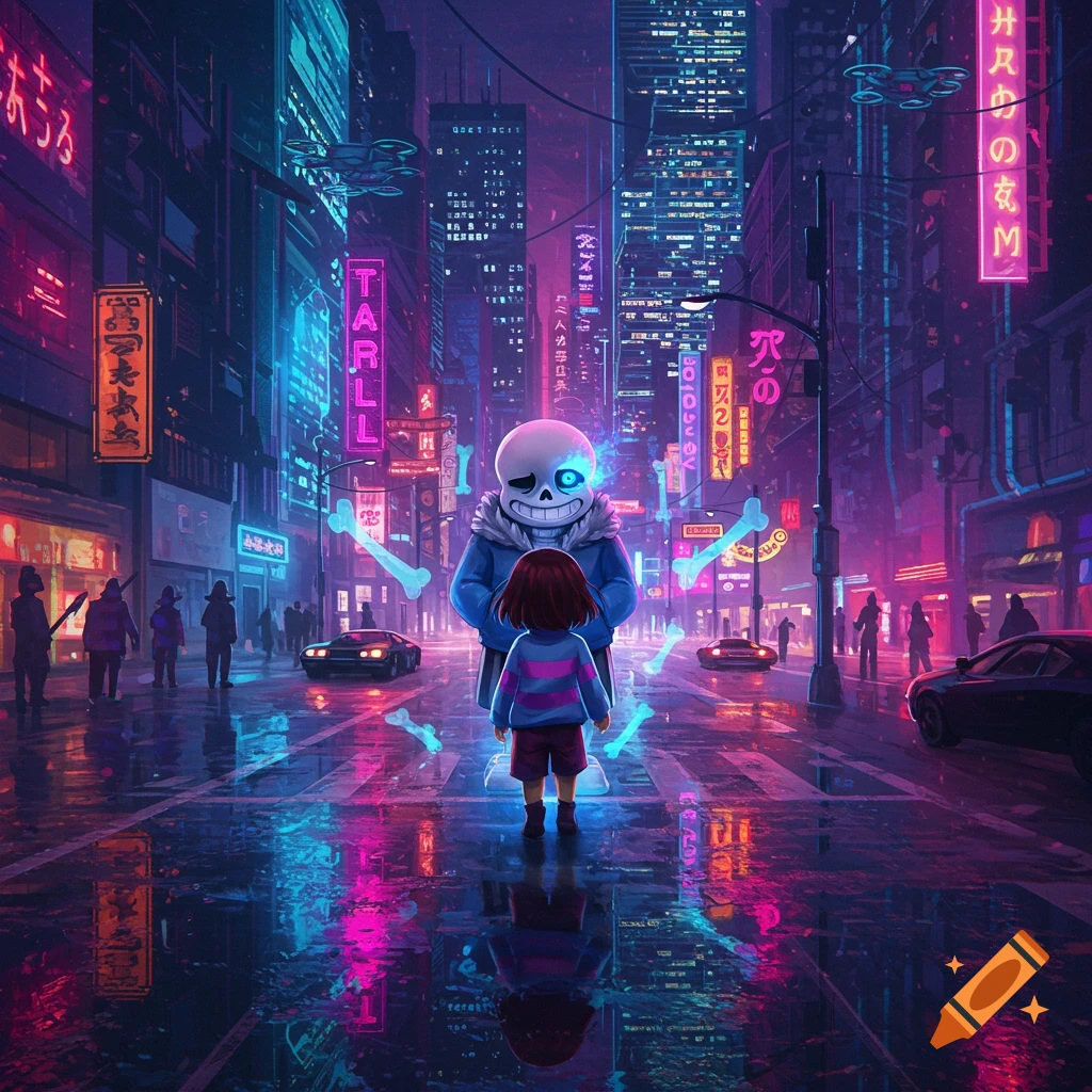 Sans and Frisk from Undertale stand in a neon-lit cyberpunk city street with glowing bones floating around them, reflecting on the wet ground.