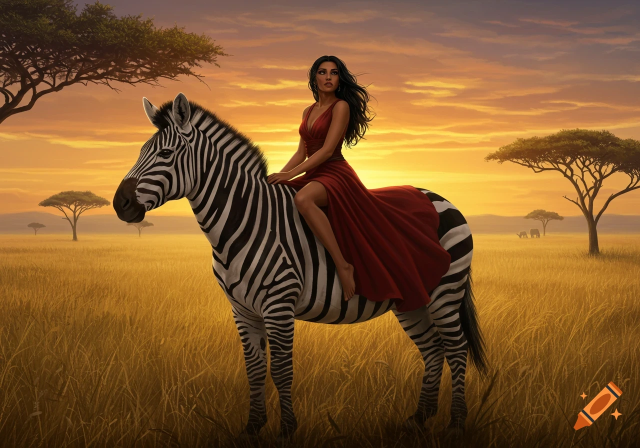 A woman in a red dress rides a zebra across a golden savanna at sunset, illustrated.
