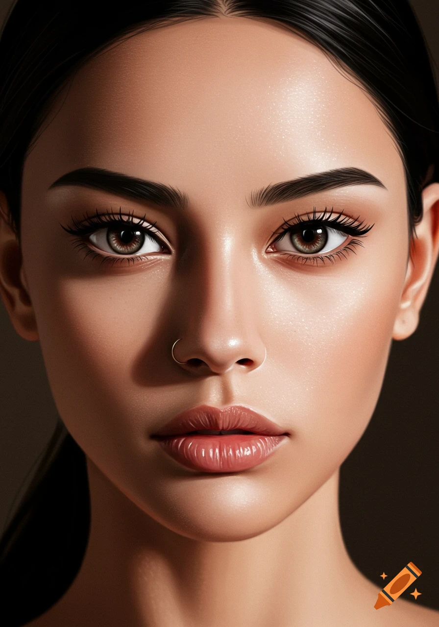 Close-up photorealistic portrait of a woman with dark hair, large eyes, thick lashes, arched brows, full lips, and a nose ring.