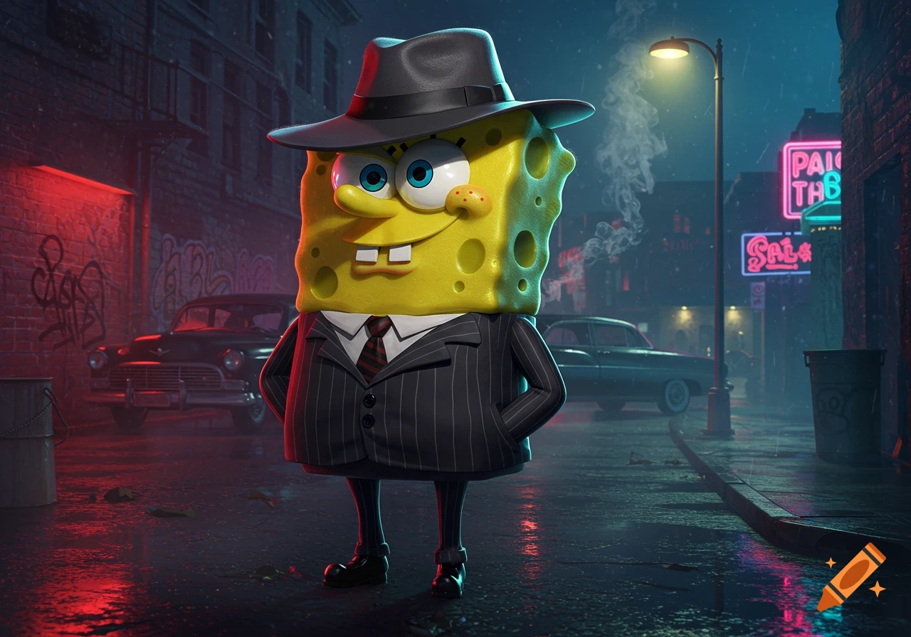 Spongebob Squarepants in a pinstripe suit and fedora stands in a dark, neon-lit city alley with classic cars.
