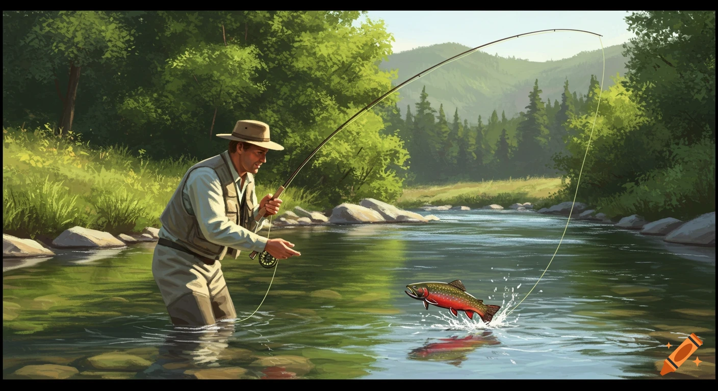 An illustration of a man fly fishing in a mountain stream, landing a vibrant brook trout. Lush greenery and hills in the background.