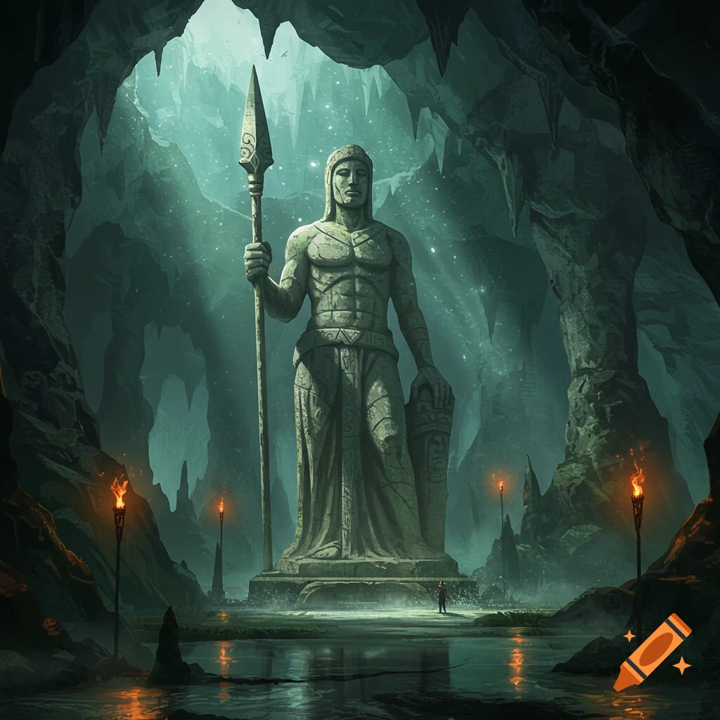 Giant stone statue of a muscular warrior with a spear stands in a mystical, wet cave, illuminated by torches, with a small figure at its base.