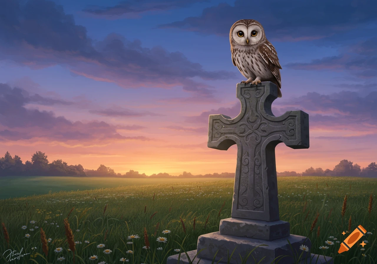 A barred owl perches on a weathered Celtic cross in a wildflower field at sunset, a digital painting.