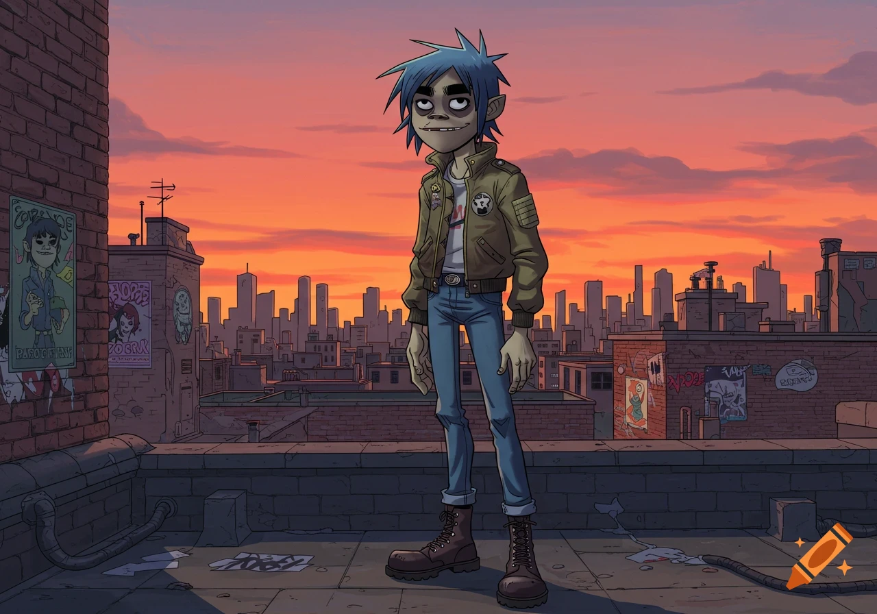 A cartoon character with blue spiky hair, wearing a brown jacket and jeans, stands on a city rooftop at sunset.