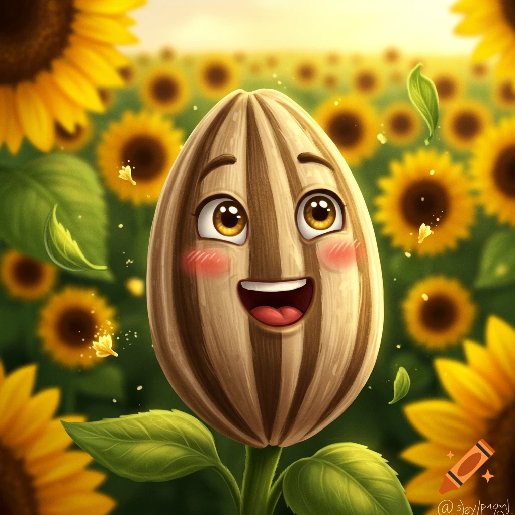 A cute cartoon sunflower seed with a happy, excited face, blushing cheeks, and big eyes, stands in a vibrant field of sunflowers.