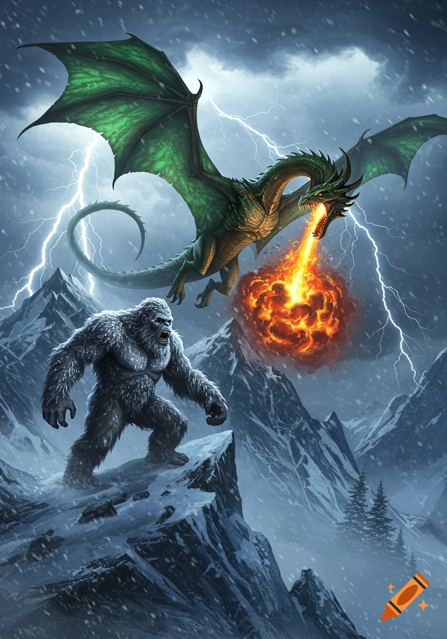 A green dragon breathes fire at a roaring white Sasquatch on a snowy mountain peak during a lightning storm. Fantasy art.